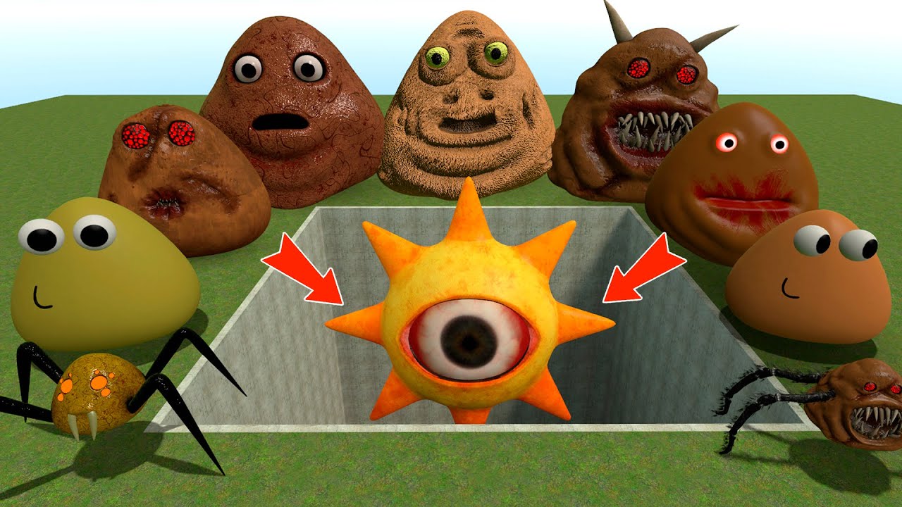 ALL NORMAL 3D POU BOU'S REVENGE Monsters VS Mr SUN SPRUNKI PHASE 2 in BIG HOLE in Garry's Mod