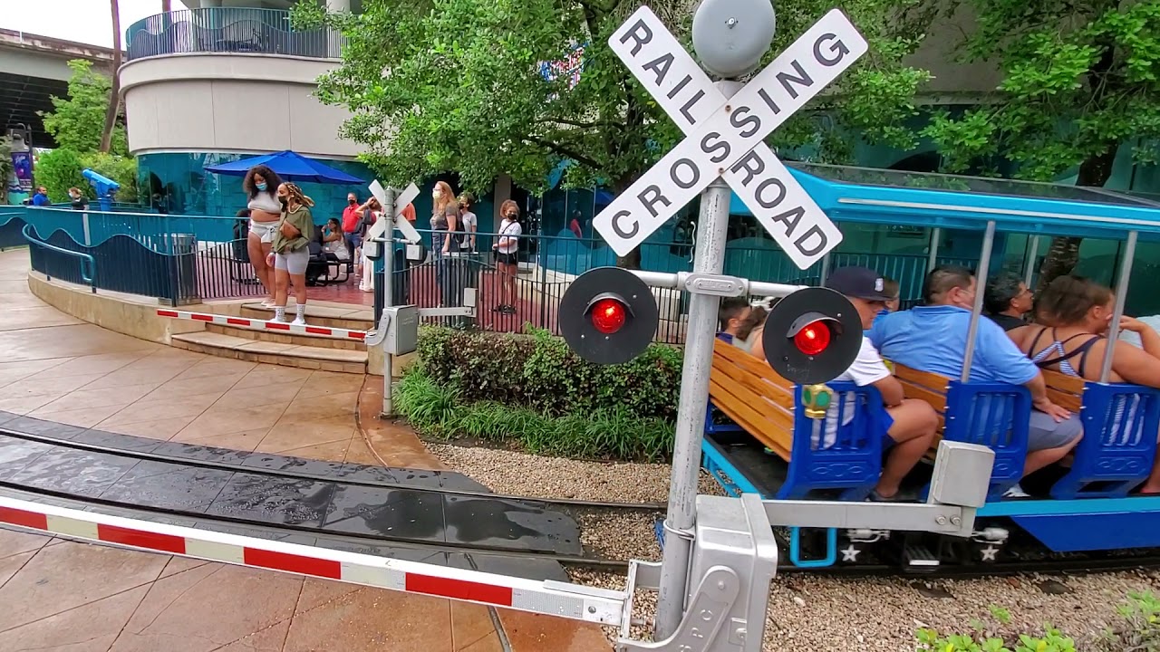 Downtown Aquarium in Houston train crossing.