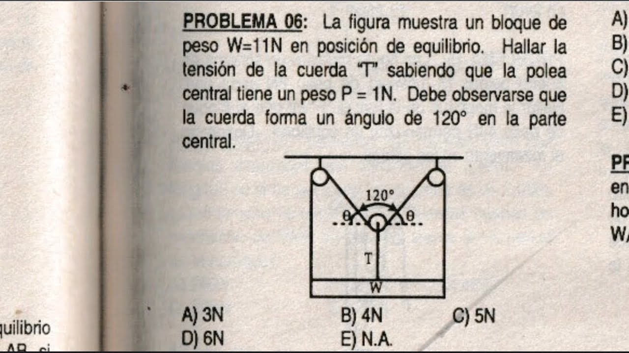 Problema 06 de Estática Resuelto | Tensión en la cuerda T con ángulo de 120° | Ejercicio paso a paso