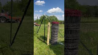 Stretching livestock fencing around our vegetable garden. Homemade diy fence stretcher.