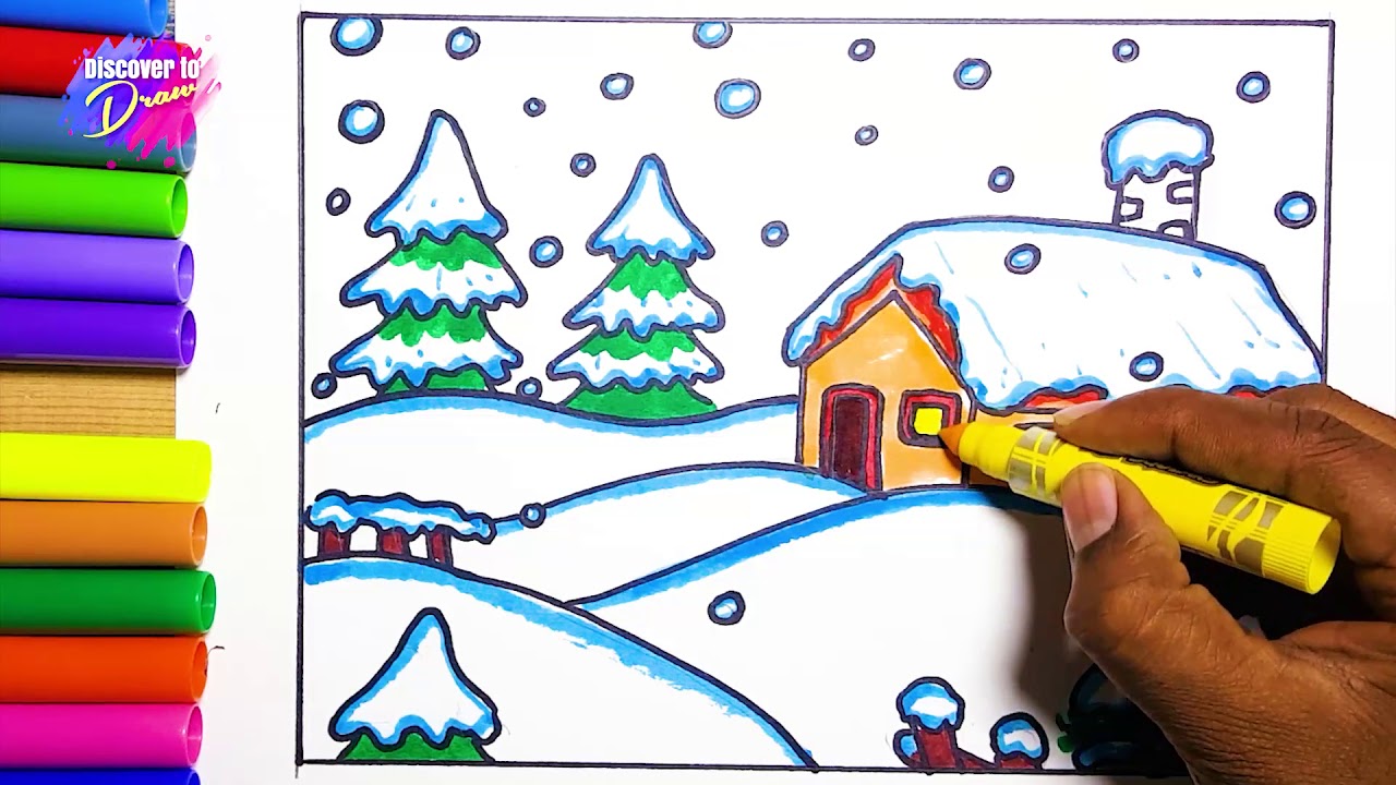 how to draw snow season-learn to draw and color winter season scenery ...