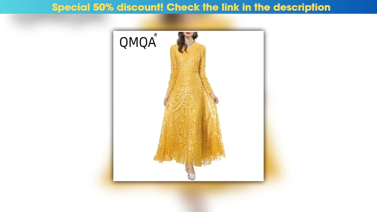 Get QMQA Fashion Women's Evening Dress Yellow Sequins Spliced V-neck Long Sleeve Elegant Banquet Dr