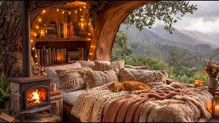 Cozy Hollow Tree Library 🌲 Gentle Rain, Crackling Fire & Cat Purring | Cozy Rainy Day Ambience
