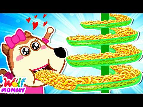 Giant Noodle Slide Challenge! 🍜 Kids Learn Good Manners And Healthy Habits | Mommy Wolf Cartoon