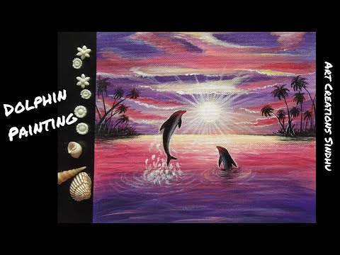 How to paint Dolphin pair/Easy Dolphin Sunset scenery/Easy Ocean Sunset Landscape Painting