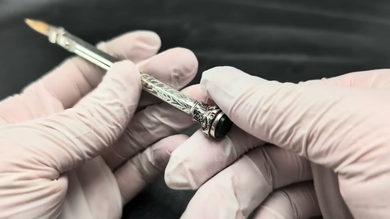 アンティーク 800シルバー製 推進式ペンシル＆つけペン グリーン