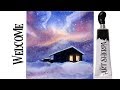 Easy Painting in acrylic Aurora Borealis winter Cabin in snow | TheArtSherpa