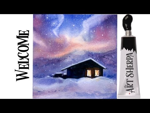 Easy Painting in acrylic Aurora Borealis winter Cabin in snow