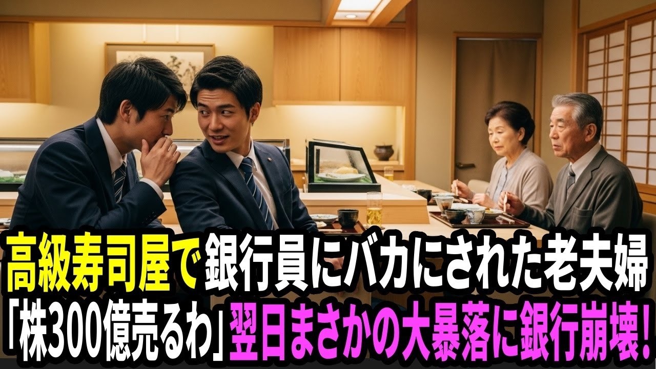 高級寿司屋で記念日を祝う老夫婦を銀行員が侮辱→「御社の株300億全部売るわ」「貧乏人が、できるもんならw」翌日まさかの大暴落に銀行崩壊！