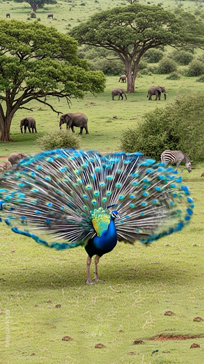 Peafowl bird sound 🦚 Peacock Opens Feathers After Being Scared by Elephant’s Trumpet! Peacock Dance!
