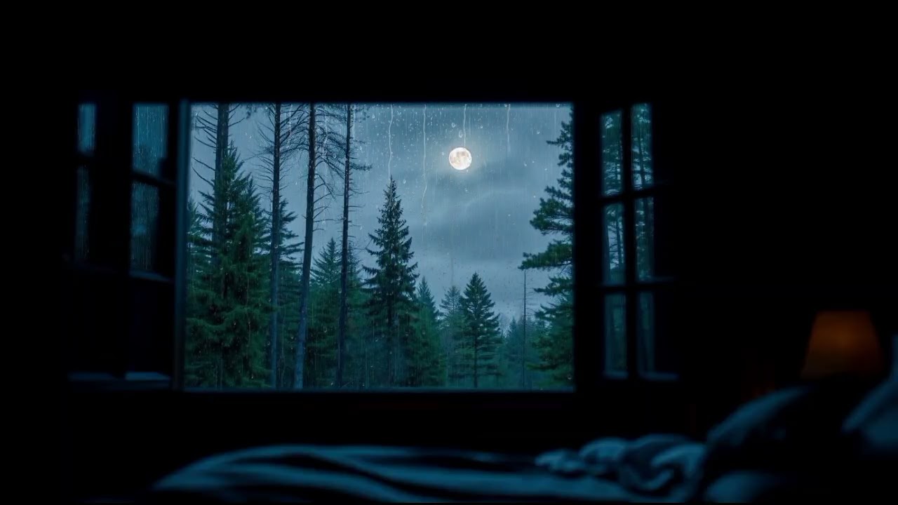 Rain on Window Soft Music 🌙 Gentle Night Rain & Moonlight Ambience for Sleep & Relax @Irfan_Rain03 