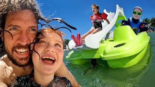 PiRATE SHiP SLiDE!! Beach Day in Belize with Adley & Niko! the kids mud spa and hair salon in water