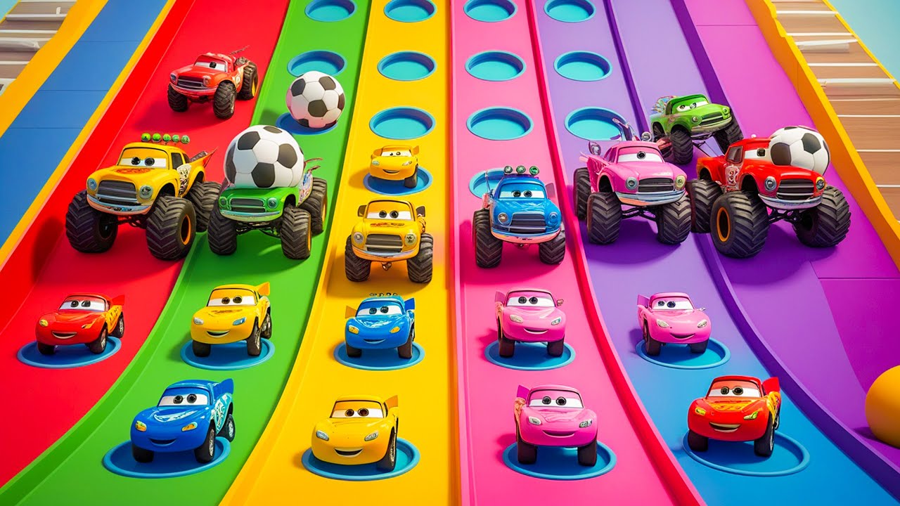 [BeamNG FLY007] 5 Monster Truck vs SHARK vs Police Cars, Monster Jam Racing with Slide Colors #1