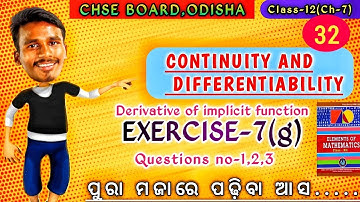 EXERCISE-7(g)|Q-1-3|Derivative of implicitfunction|Chapter-7|Class-12|chse odisha|Lec-32|bybachansir