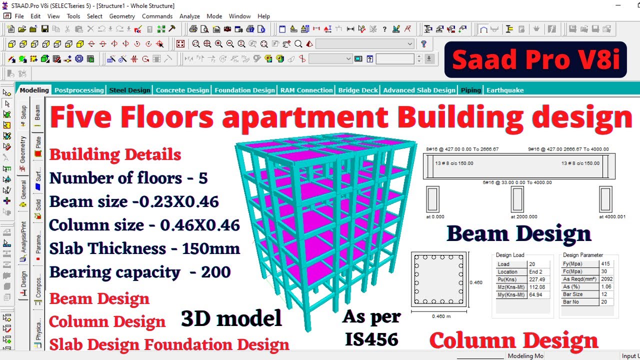 Complete five floors apartment building design by Staad pro software ...