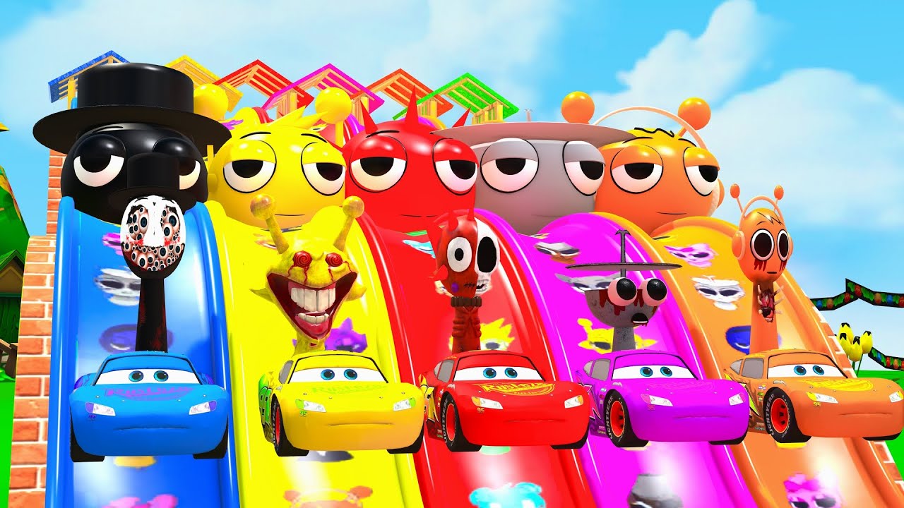 Funny 3D Sprunki Slide Race with Incredibox Sprunki, Pinki, Raddy and Lime Epic Long Slide Challenge