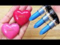 Satisfying Slime Coloring with Makeup! Mixing 3 Blue Lipsticks & Heart Shaped Lip Gloss into Slime!