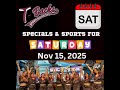 T-Backs Sports Bar and Grill Sports Schedule and Pizza special for Saturday November 15, 2025