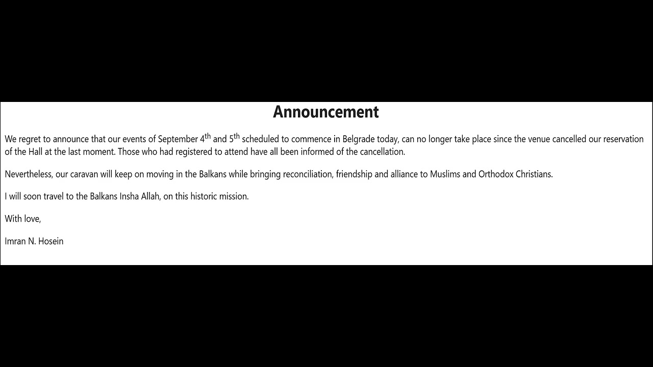 Announcement - Calling Belgrade, September 4th and 5th Events Canceled