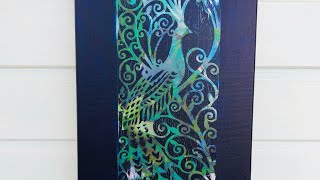 HOW TO STENCIL OVER A DRY ACRYLIC POUR~Stunning Peacock Reverse Stencil over a pour and Swipe