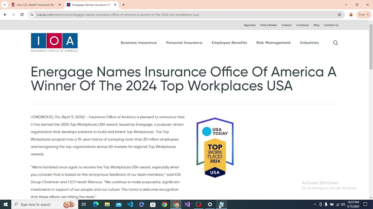 Energage Names Insurance Office Of America A Winner Of The 2024 Top Workplaces USA