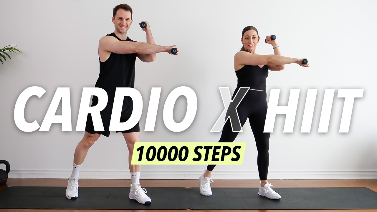 10000 Steps in 1 hour – Fat burning Cardio HIIT Workout (with Weights)