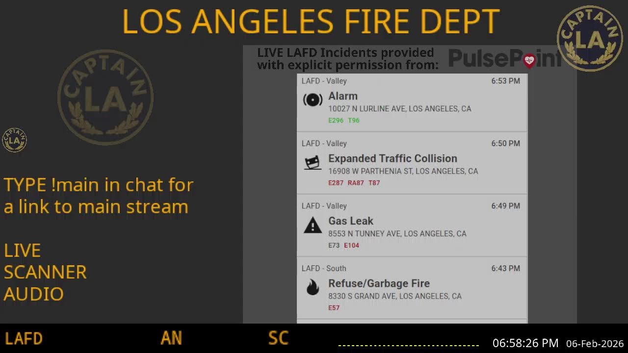 LAFD - *LIVE* Los Angeles Fire Department SCANNER Radio // FIRE & EMS // 06-Feb-2026 // LA CAPTAIN