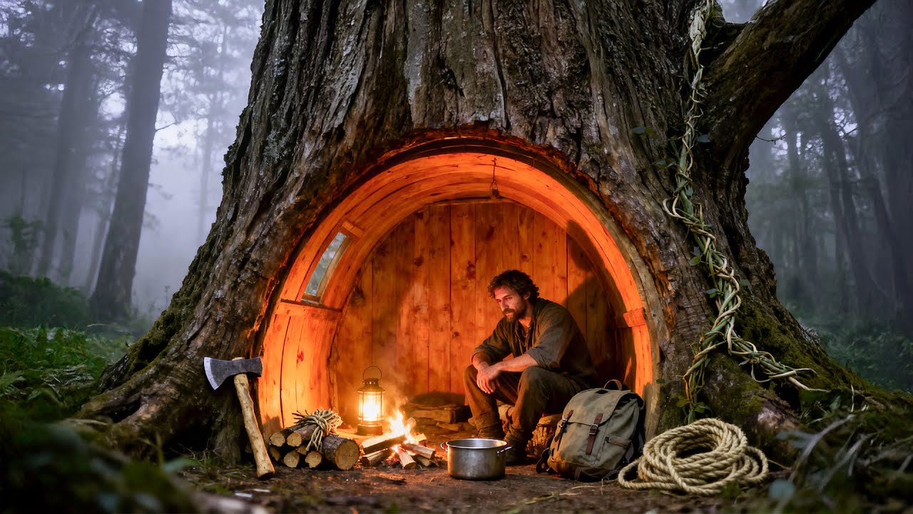 Found a GIANT Hollow Tree and Built an AMAZING Survival Shelter!