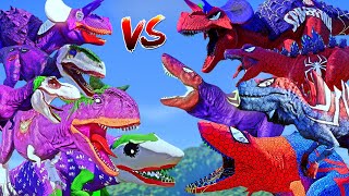 6 RED & BLUE SPIDER-MAN Vs 6 PURPLE JOKER ! Super Hero Dinosaurs !