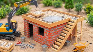 DIY Mini Brick House Construction Using Mini Excavator with Concrete Roof Pouring Science Project