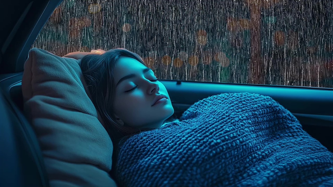 Sleep Rapidly with Heavy Rain and Thunderstorm on the Car in the City Street on a Rainy Night