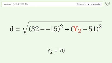 Find the distance between two points p1 (-15,51) and p2 (32,70): Step-by-Step Video Solution