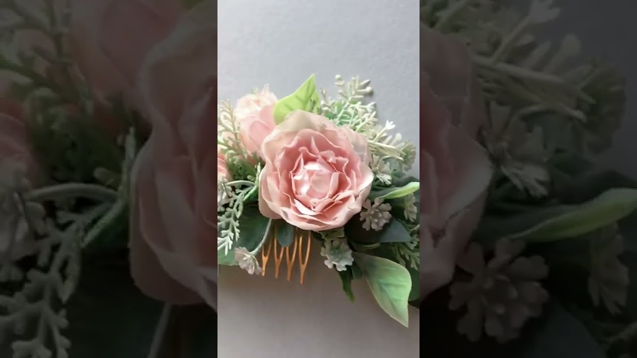 pink flower hair comb for wedding with artificial handmade roses and greenery
