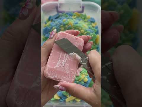 Cutting dry soap strips on the table. #soapcarving #satisfying #asmrsoap #asmr