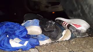Semi Truck runs over shoes and sweater