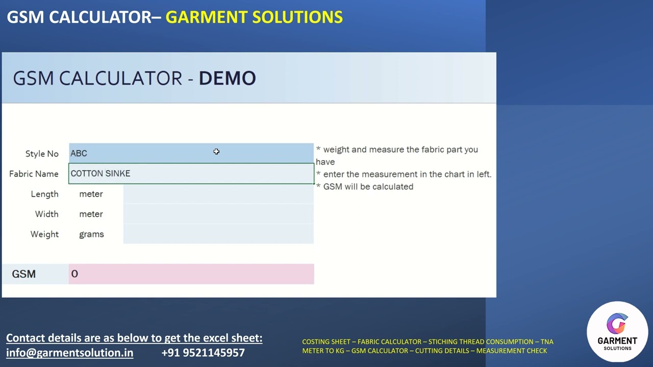 GSM CALCULATION IN EXCEL SHEET FOR GARMENT INDUSTRY