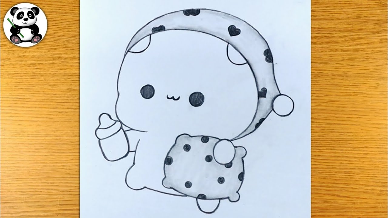 Cute cat going to sleep pencil sketch | kitten with milk bottle  