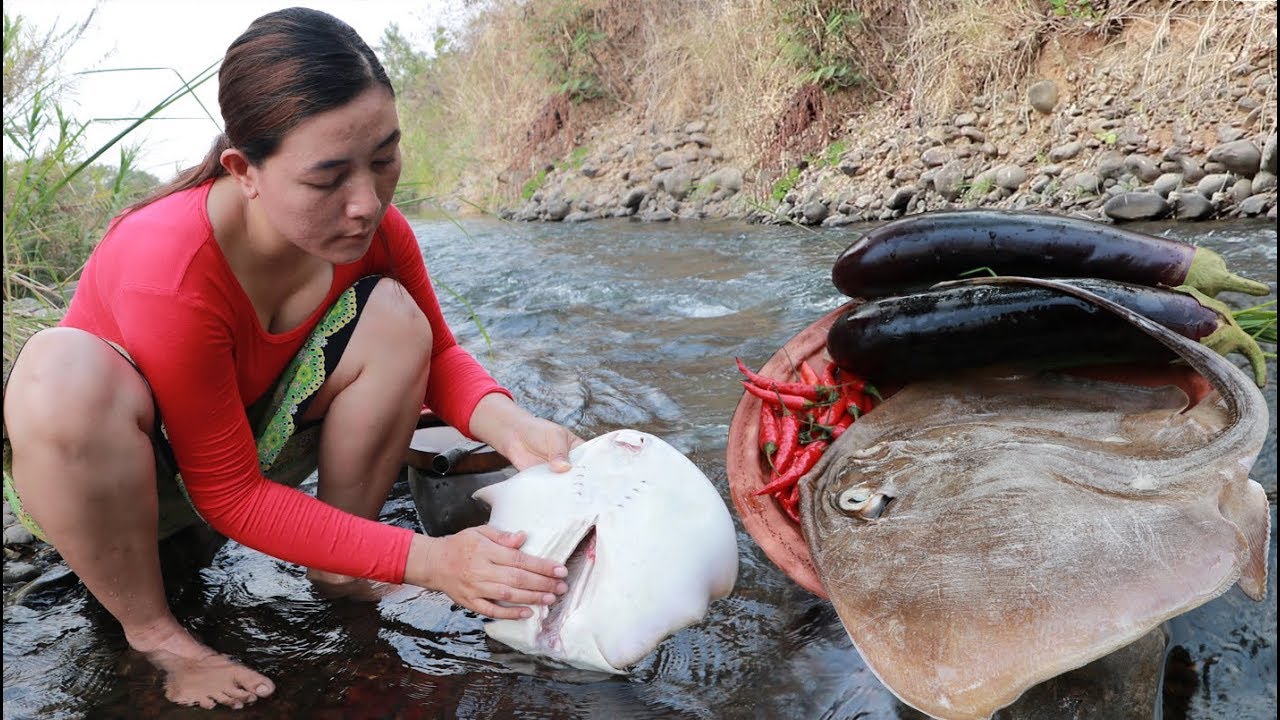 Testy stingray with eggplant  recipe cooking at river eating delicious