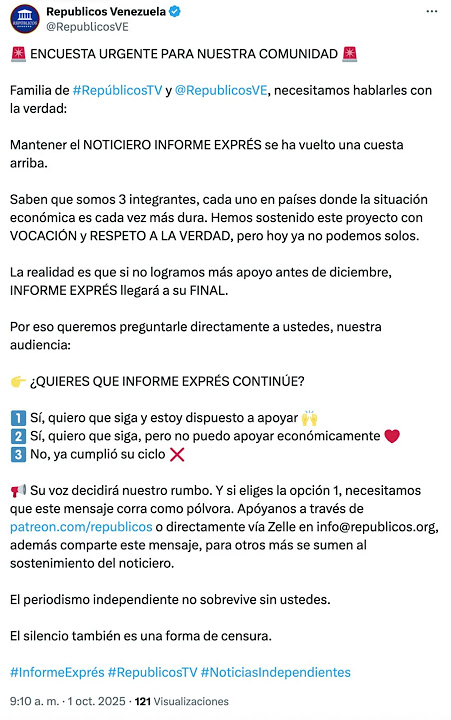 AVISO URGENTE 🚨 ENCUESTA URGENTE PARA NUESTRA COMUNIDAD 🚨Familia de #RepúblicosTV y @RepublicosVE