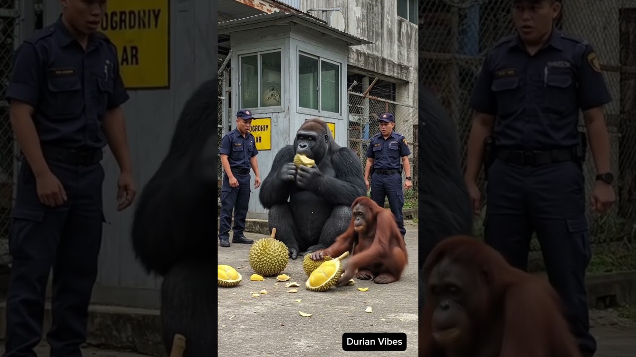 "Security Guards Shocked! Gorilla Enjoys Durian at Factory Gate!"