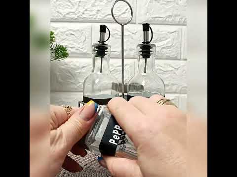 Набір ємностей для спецій та олії 4 шт на металевій підставці, відео 1