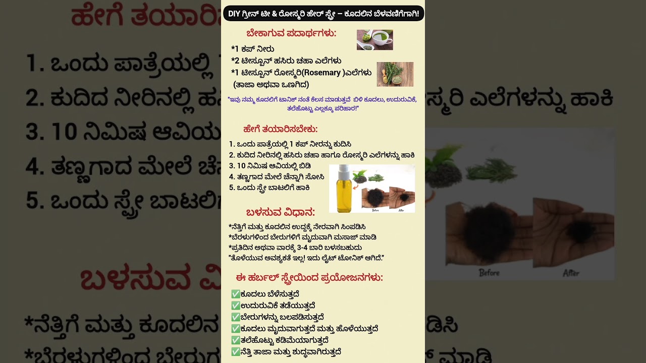 ಕೂದಲು ಉದುರುವಿಕೆ ನಿಲ್ಲಿಸಿ! Green Tea Rosemary Hair Spray for Fast Growth|