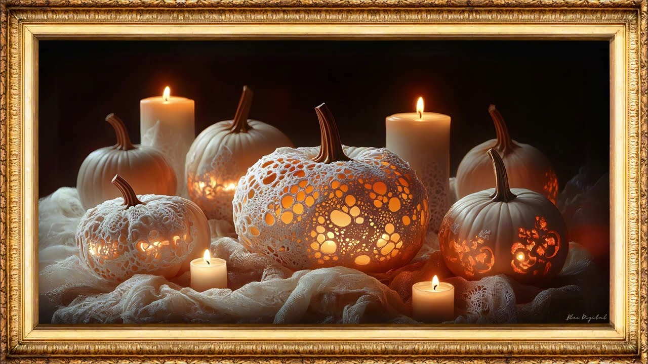 Elegant Candlelit Pumpkin Display for Halloween | Framed Art Screensaver | Art for your TV