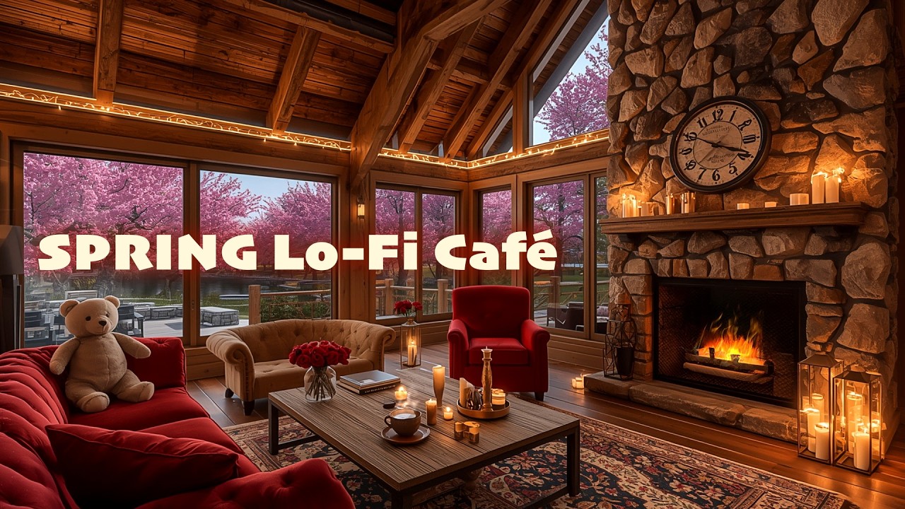 Serene Living Room Fireplace and Blooming Trees | Calming Ambience for Relaxation Therapy