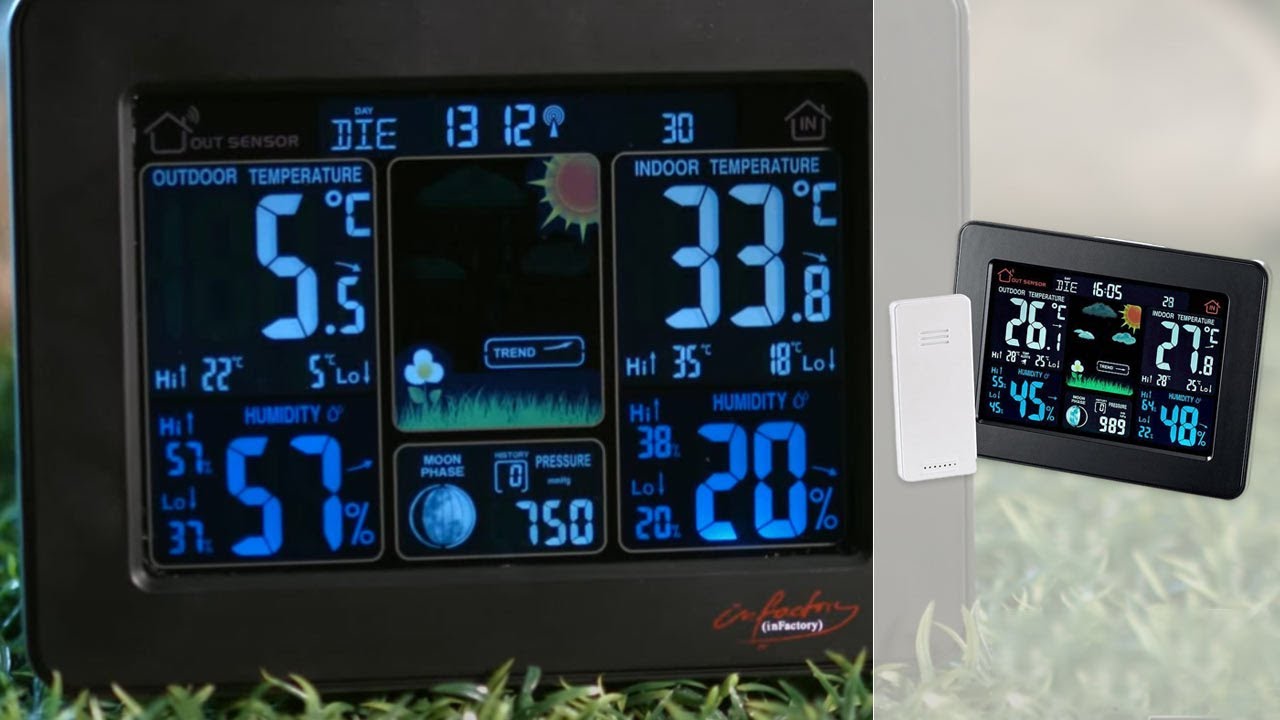 Station Météo Radio Pilotée avec Capteur Extérieure et Intérieure,  Température, Prévisions Météo, Humidité, Ecran Couleur LED, Horloge, Reveil  1539761mm