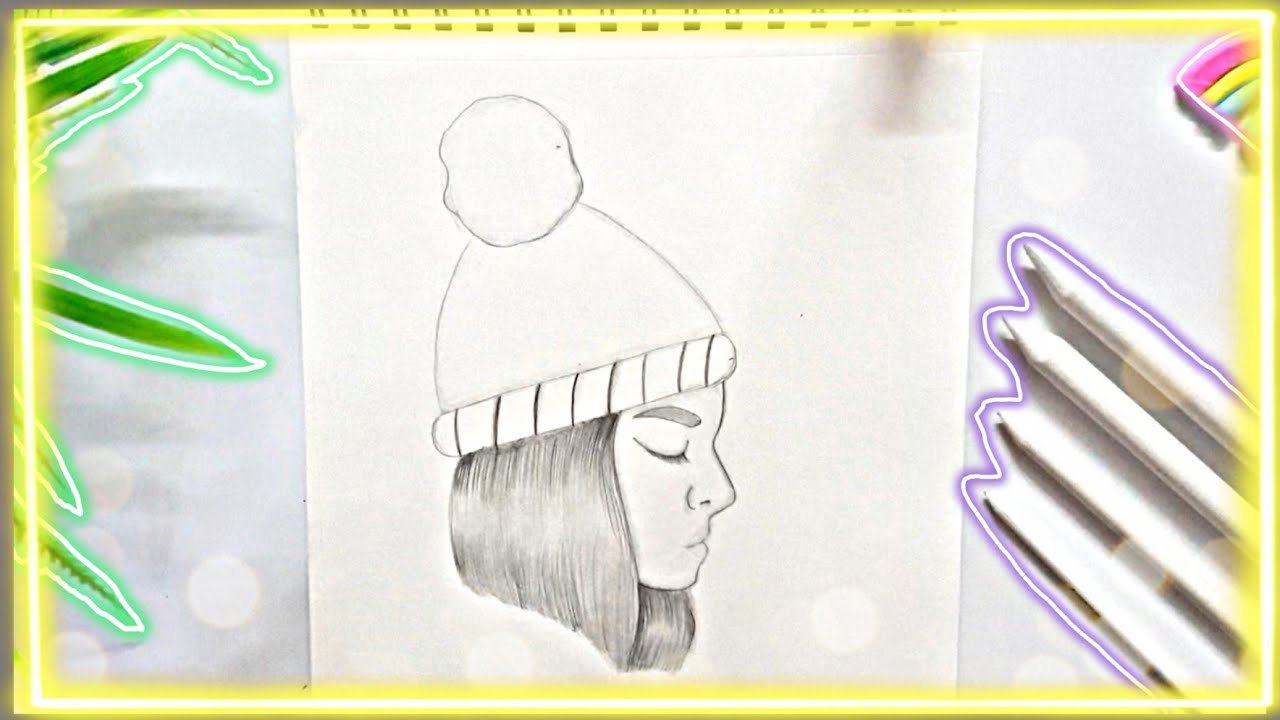 Girl wearing winter hat sketch Pencil sketch of a girl Think Art