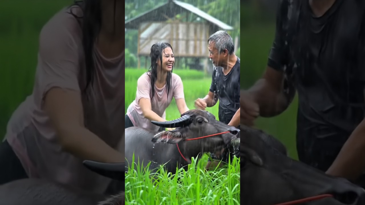 Buffalo Bath in the Rain | Village Girl and Grandpa in Tropical Downpour.