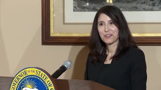 Patricia Guerrero speaks after being sworn in to the California Supreme Court