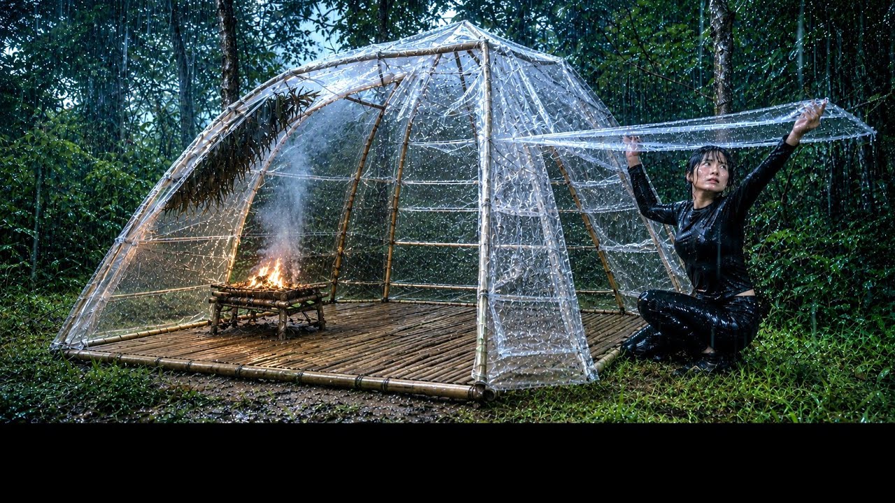 Solo Bushcraft Shelter Build in Heavy Tropical Rain - YouTube