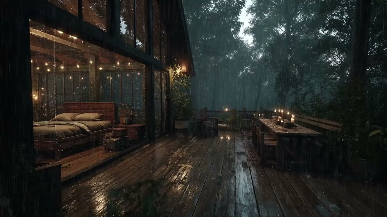 Peaceful Mountain Bedroom 🌧️ Heavy Rain on Deck Sounds for Deep Sleep